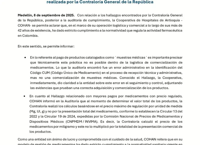 Cooperativa de Hospitales de Antioquia habría incurrido en irregularidades al comercializar medicamentos: Contraloría