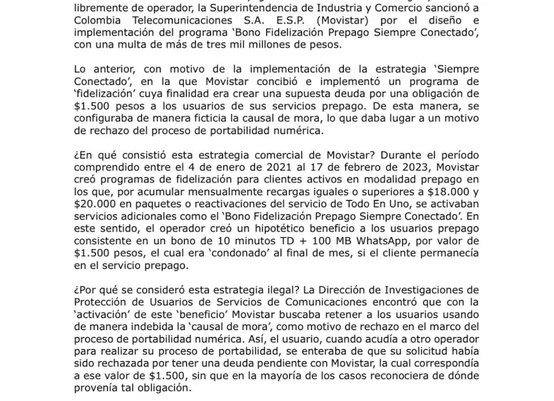 Comunicado de la SIC sobre el caso Movistar.