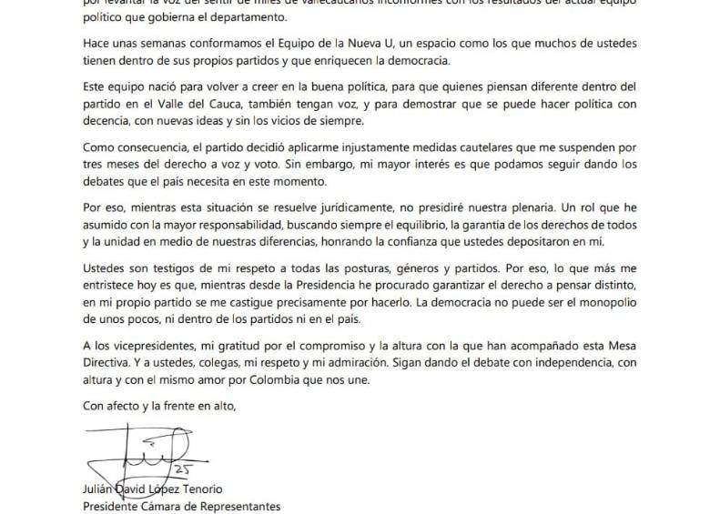 Comunicado oficial de Julián López Tenorio. FOTO: Cortesía. Comunicado oficial de Julián López Tenorio. FOTO: Cortesía.