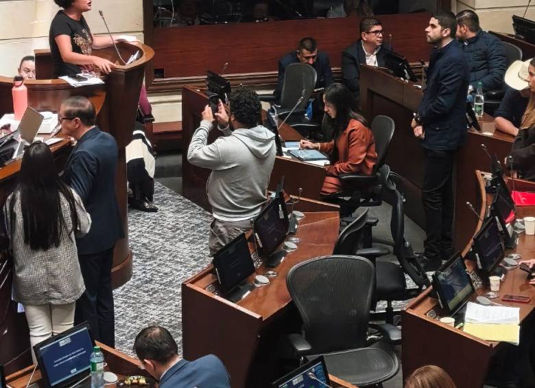 La senadora Isabel Zuleta le habla a la plenaria. De pie, a la derecha, escucha el senador Hernán Cadavid coordinador ponente de la propuesta. Foto: Cortesía periodista Diego Chaparro.