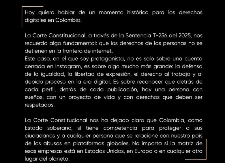 Esperanza Gómez reta a Meta: tras ganar tutela ante la Corte, ahora buscará indemnización por el cierre de sus redes sociales 