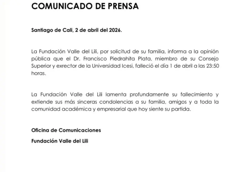 Comunicado de la Fundación Valle del Lili tras el fallecimiento de Francisco Piedrahita Plata. Foto: redes sociales