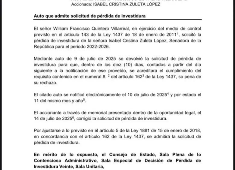 Consejo de Estado admitió solicitud de pérdida de investidura contra la senadora Zuleta por actuación en el “tarimazo”