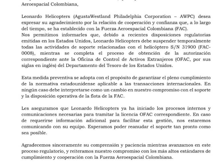 Comunicado oficial Leonardo Helicopters. FOTO: vía <i>La FM.</i>