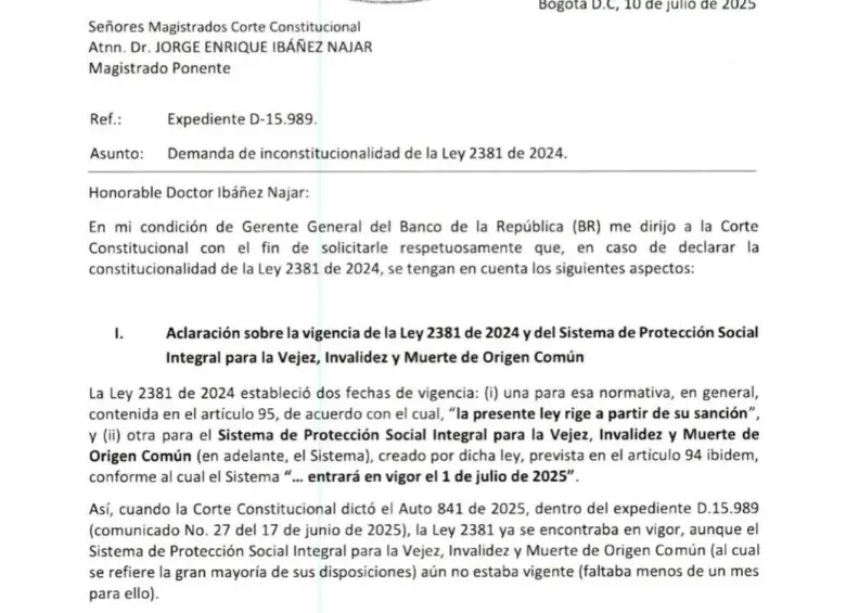 El Banco de la República solicitó a la Corte Constitucional un aplazamiento de tres meses para implementar el nuevo sistema pensional aprobado por el Congreso.