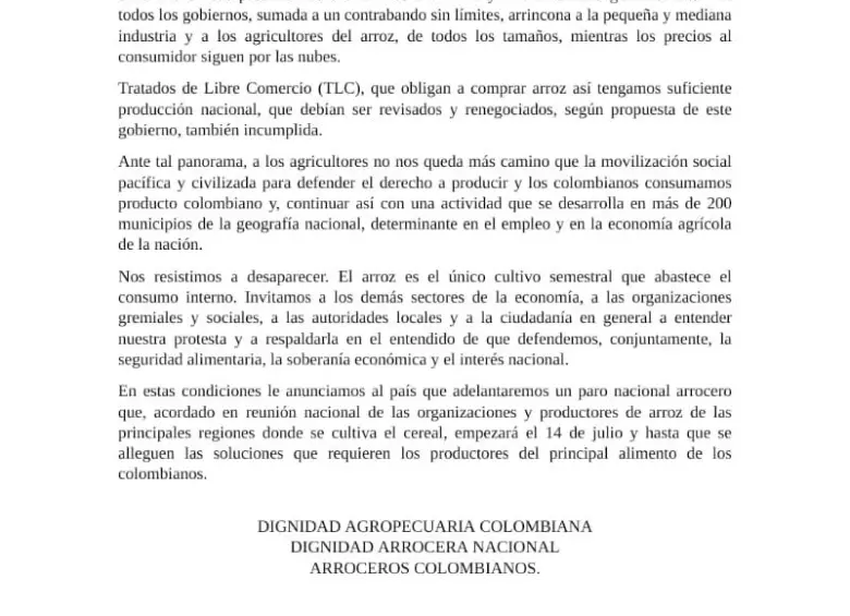 Carta de los arroceros que se van a paro indefinido.