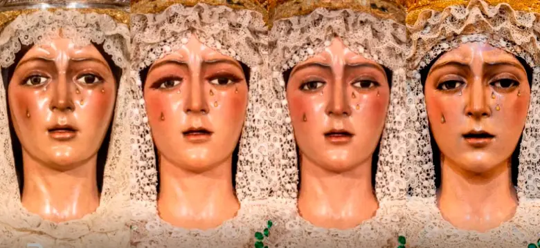 A la izquierda la virgen original. A la derecha la restaurada y le siguen los arreglos que intentaron hacerle tras el escándalo (dos en menos de 24 horas, los del extremo derecho). FOTOS Captura de pantalla RTVE