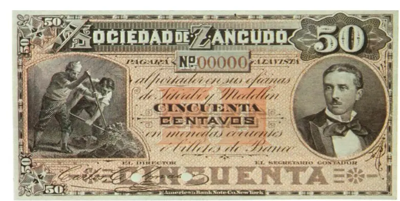 En el anverso del billete podía leerse la promesa solemne: La Sociedad del Zancudo pagará a la vista al portador, en sus oficinas de Titiribí y Medellín, un peso en monedas corrientes o billetes de banco. FOTO: CORTESÍA BANCO DE LA REPÚBLICA