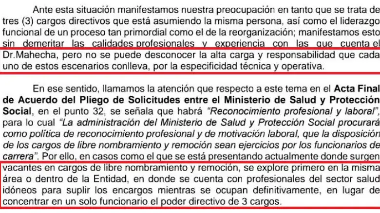 Aparte del texto de los sindicatos contra nombramiento de Mahecha en 2024.