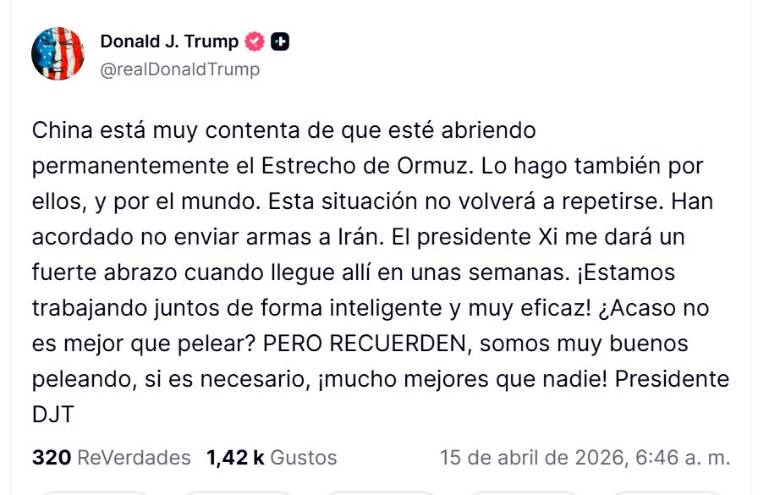 Donald Trump aseguró en Truth Social que impulsará la apertura permanente del estrecho de Ormuz y destacó una supuesta coordinación con China.