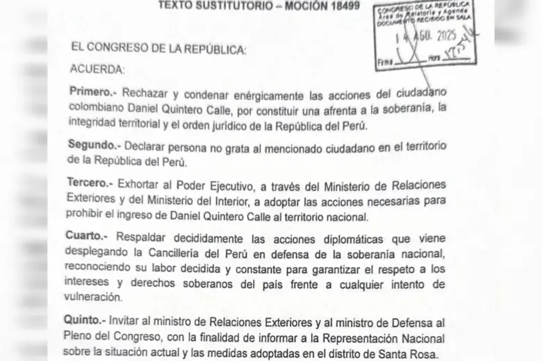 Esta es la declaración por parte del Congreso de Perú en contra del exalcalde de Medellín. Foto: Cortesía