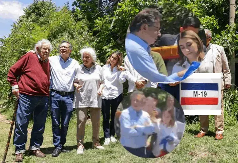 Laura Sarabia le quitó la bandera del M19 a Gustavo Petro durante el encuentro con Jose “Pepe” Mujica. FOTO: Presidencia