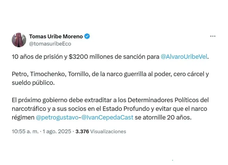 Tomás Uribe asegura que la pena contra Álvaro Uribe sería de “10 años de prisión y 3.200 millones de pesos”