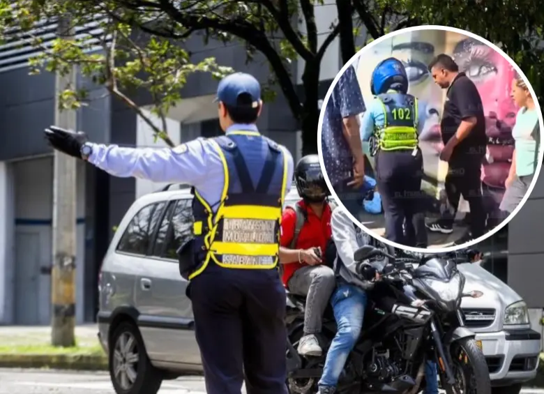 La agresión al agente de tránsito ocurrió durante un operativo de control de tránsito en el barrio San Gabriel de Itagüí, a la altura del colegio San José Manyanet. Fotos: EL COLOMBIANO y tomada de redes 