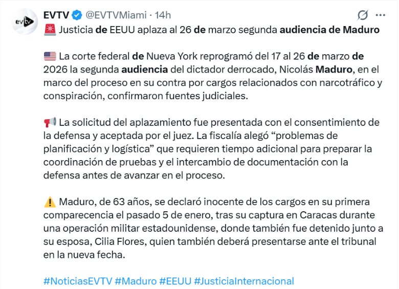 Audiencia de Maduro en EE. UU. fue reprogramada, ¿para cuándo quedó fijada?