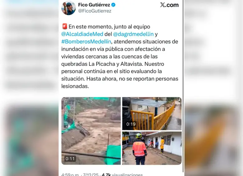 Publicación del alcalde Federico Gutiérrez sobre la atención a las inundaciones tras el fuerte aguacero en Medellín. FOTO Twitter @FicoGutierrez