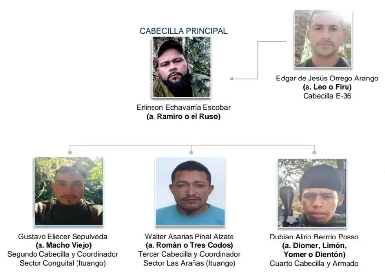 Organigrama de la cúpula del Frente 18 cuando se encontraba bajo el mando de alias Calarcá. De los 5, solo queda alias Domier. Fuente: Ejército Nacional.
