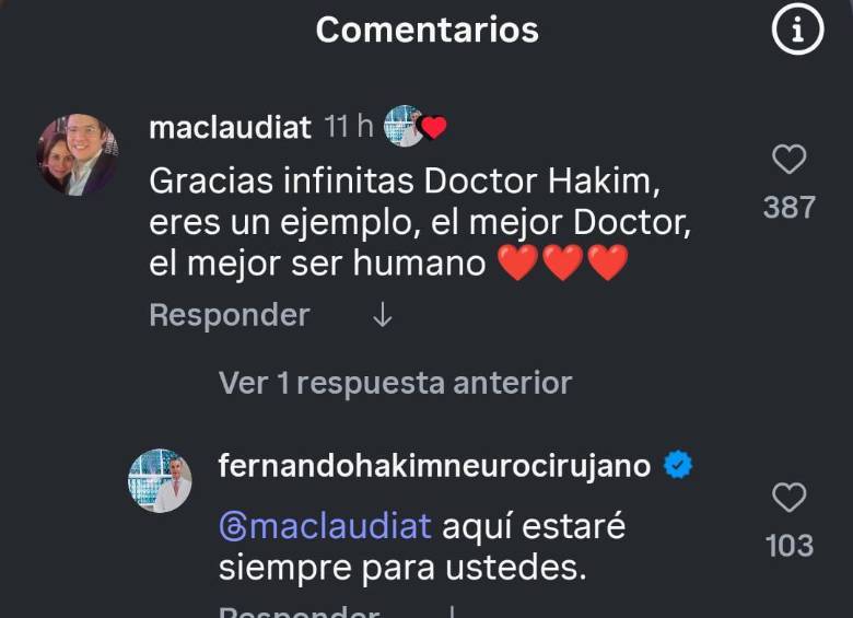 Respuesta de María Claudia a la publicación del doctor Hakim en Instagram. Imagen, tomada de redes sociales.