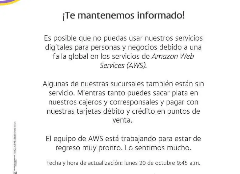Por caída de Amazon, Bancolombia, Nequi y otras apps están fuera de servicio: esto es lo que se sabe