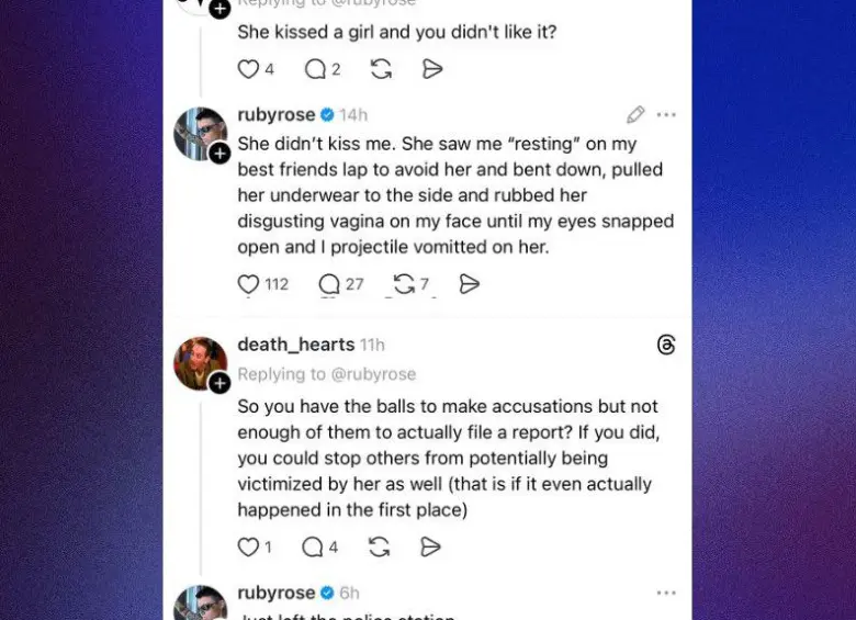 Los comentarios de Ruby Rose en Threads en los que habría acusado a Katy Perry de agresión sexual hace unos 20 años. Foto: redes sociales.
