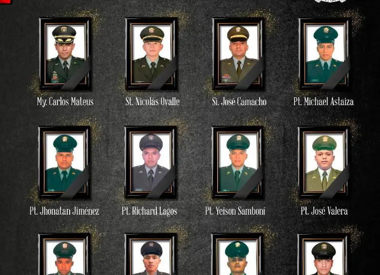 Estos son los rostros de los doce uniformados de la Policía muertos en Amalfi durante el ataque. FOTO: POLICÍA