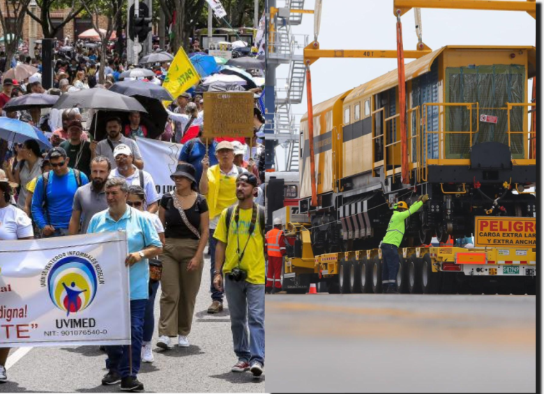El traslado de maquinaria del Metro y las marchas de maestros podrían generar afectaciones en la movilidad en Medellín este 15 de abril. FOTO: Jaime Pérez Munévar y X de Federico Gutiérrez (@FicoGutierrez)