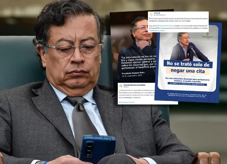 Estas son algunas de las publicaciones del Servicio Geológico Colombiano y de la UPRA en la red social X, replicando mensajes presidenciales sobre la intervención a Nueva EPS. FOTO Colprensa-El Colombiano
