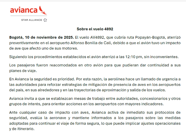 Video | Susto en vuelo que cubría la ruta Popayán–Bogotá y tuvo que aterrizar de forma preventiva en Cali: esta fue la razón