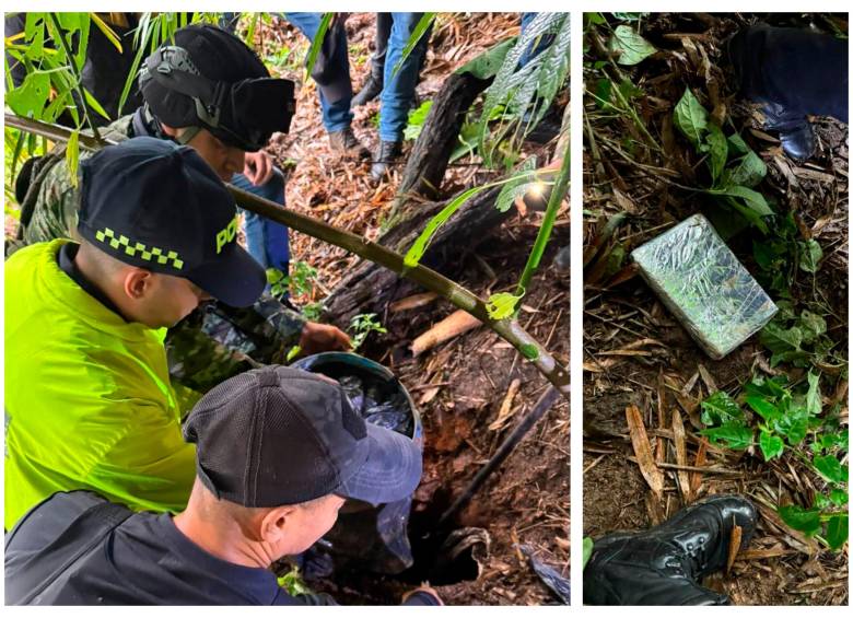 La droga fue hallada en un paraje boscoso, cerca del cauce de la quebrada Doña María, en límites del San Antonio de Prado e Itagüí. FOTOS: Policía