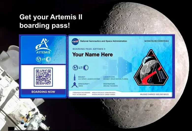 Tarjeta de embarque digital que la Nasa entrega a quienes inscriben su nombre en la misión Artemis II rumbo a la Luna.