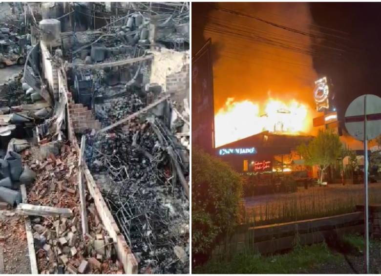 A la izquierda, aspecto de la fábrica destruida en La Estrella; a la izquierda, emergencia en Llanogrande. FOTOS: Cortesía Alcaldía de La Estrella y Denuncias Antioquia