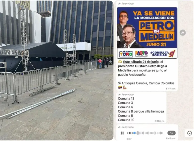 Mientras avanza el montaje de la tarima para el evento político del presidente Petro en Medellín, hay denuncias por supuesto uso de buses y refrigerios para atraer asistentes. FOTOS: Cortesía