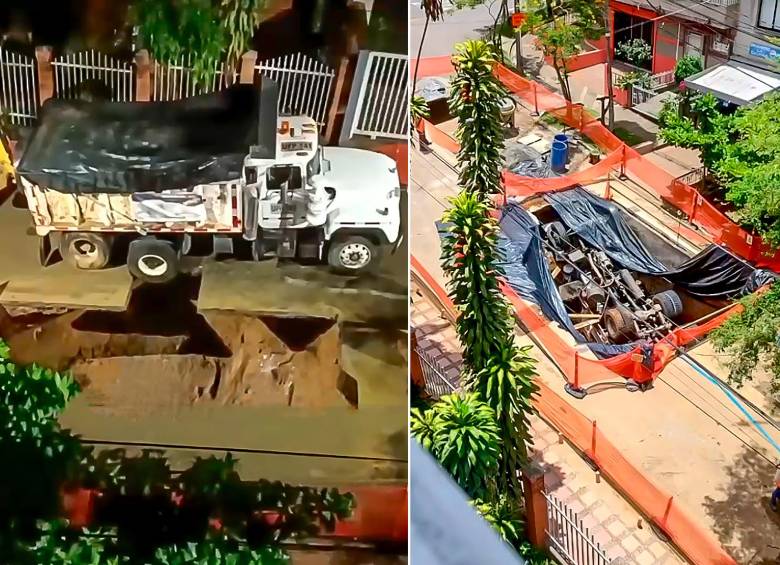 La volqueta, que era utilizada para una obra de EPM en el barrio Los Ángeles, centro de Medellín, terminó en un hueco desde finales de la semana pasada. Se están pensando en estrategias para extraerla. FOTOS: CORTESÍA