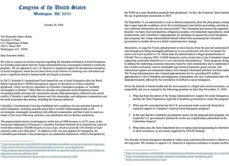 Congresistas demócratas enviaron una carta al secretario de Estado, Marco Rubio, para pedir que Estados Unidos retire su apoyo financiero y logístico a las aspersiones. FOTO: Senado de los Estados Unidos.