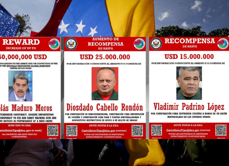 Recompensa de Estados Unidos por Nicolás Maduro, Diosdado Cabello y Vladimir Padrino López. Fotos: Embajada de EE. UU.