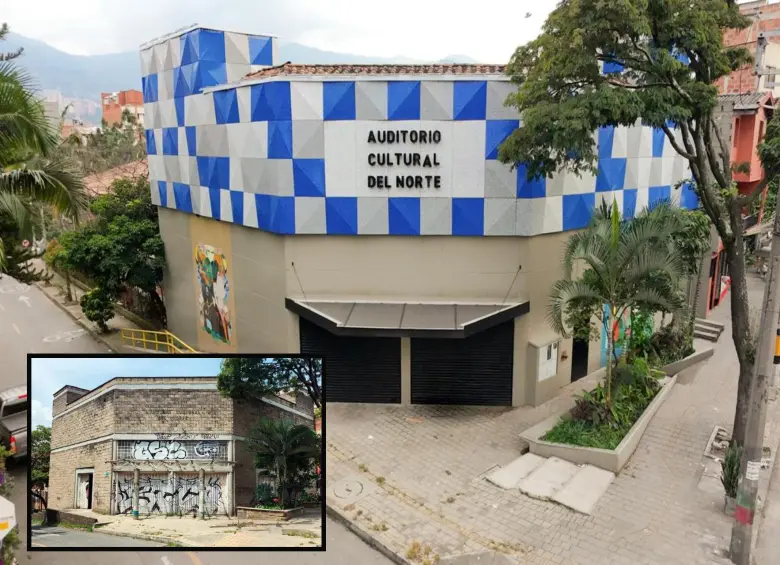Adelante, la fachada descuidada del Teatro ubicado en el barrio Santa María Nro. 2. Atrás, como quedó el nuevo espacio tras la inversión. FOTO: Cortesía