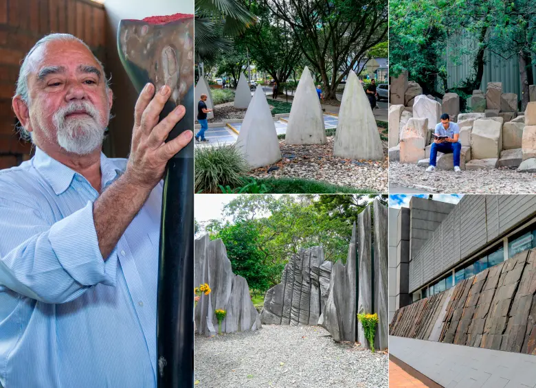 Hugo Zapata y algunas de sus obras más representativas en Medellín. FOTOS Juan Antonio Sánchez y Esneyder Gutiérrez