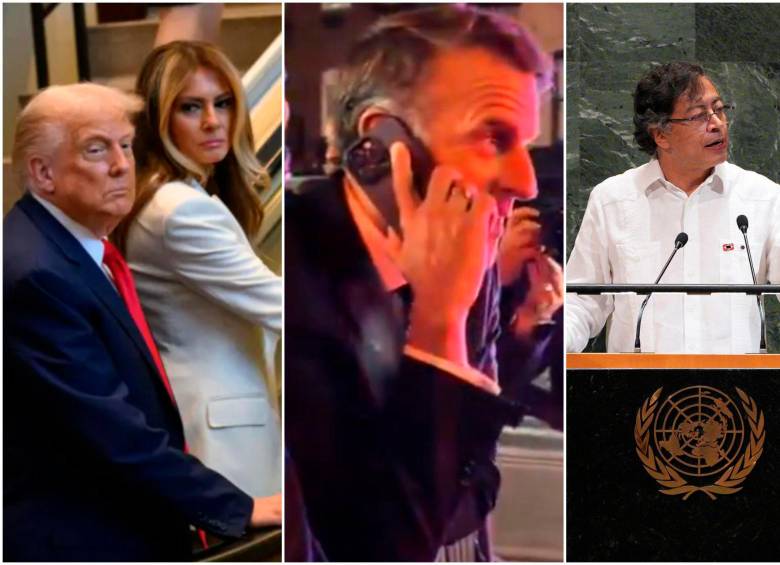 Los presidentes de Estados Unidos, Donald Trump; de Francia, Emmanuel Macron; y Colombia, Gustavo Petro, en el marco de la Asamblea General de la ONU. FOTOS: AFP, captura de video y Colprensa