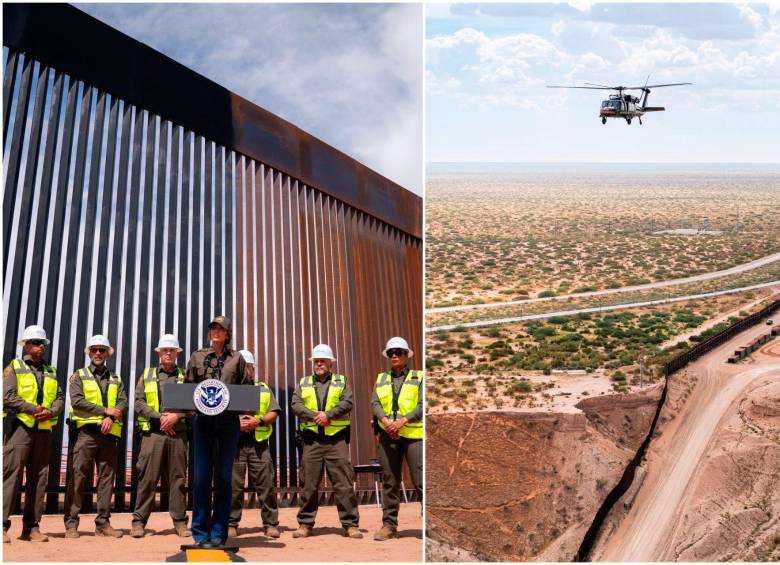 La secretaria de Seguridad Nacional, Kristi Noem, visitó uno de los puntos del muro que es pintado para que alcance altas temperaturas. FOTOS: Tomadas de X @Sec_Noem