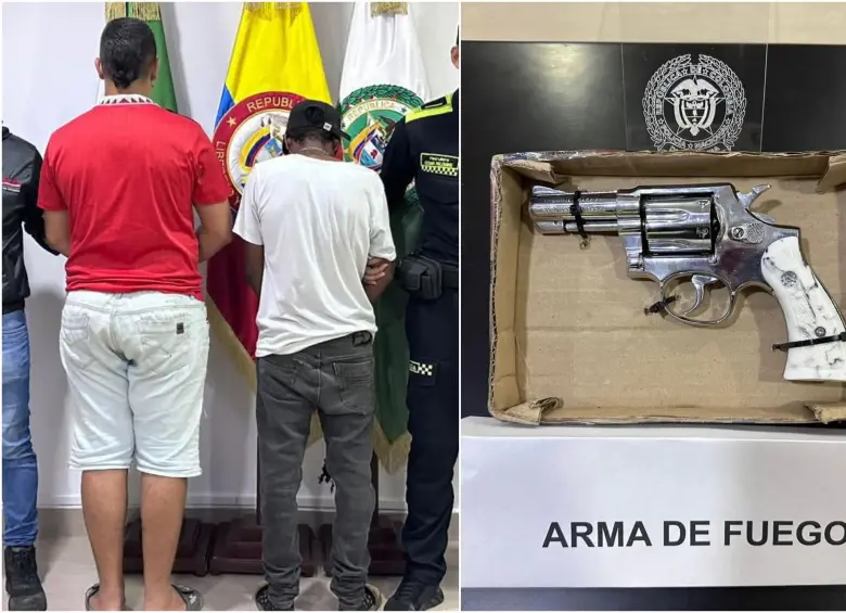 Alberto Antonio Araújo Rivera, de camiseta roja, y Wilmer Alexander Perea Babativa de prenda blanca, cuando fueron capturados. FOTO: Policía Nacional