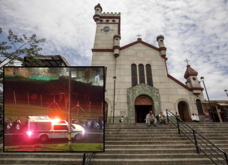 Adelante, un necromóvil de la Policía durante el levantamiento del cuerpo de la joven. Atrás, fachada de la iglesia de San Antonio de Prado. Foto: EL COLOMBIANO y Cortesía Denuncias Antioquia