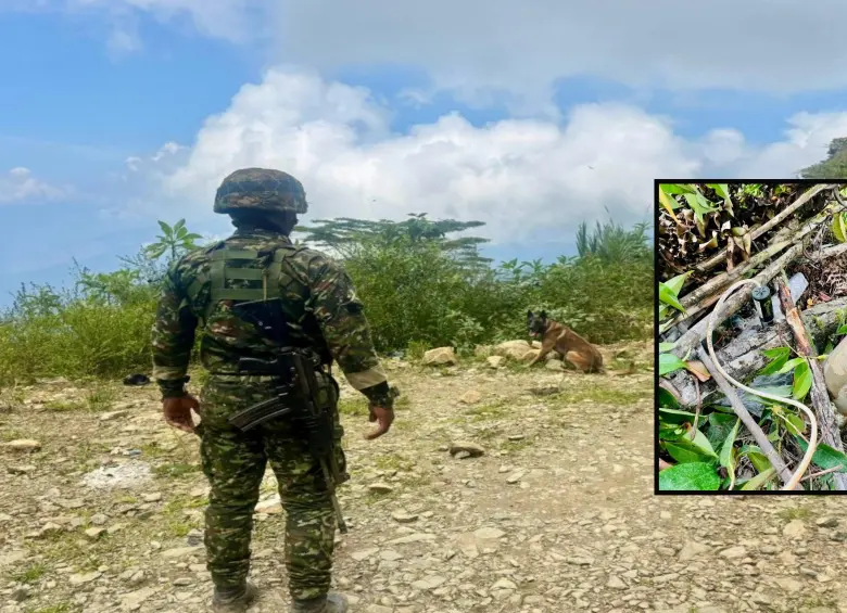 Adelante, un explosivo improvisado. Atrás, un soldado y su perro antiexplosivos en labores de detección. FOTO: Cortesía