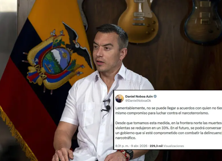 El presidente de Ecuador, Daniel Noboa, acusó en su cuenta de X al Gobierno colombiano de no tener compromiso en la “lucha contra el narcoterrorismo”. FOTOS: Getty y @DanielNoboaOk