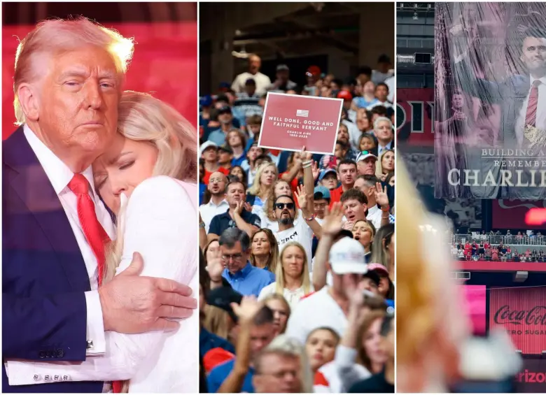 Uno de los momentos que dejó el evento de despedida del activista fue el abrazo entre la viuda de Charlie Kirk, Erika Kirk, y el presidente Donald Trump. FOTOS: Tomadas de Instagram @turningpointusa 