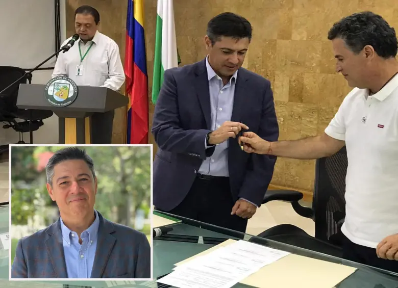 Adelante, el exgerente Uriel Sanchez Zuluaga. Atrás, el día de su posesión como gerente de Teleantioquia. Foto: imágenes tomadas de redes.