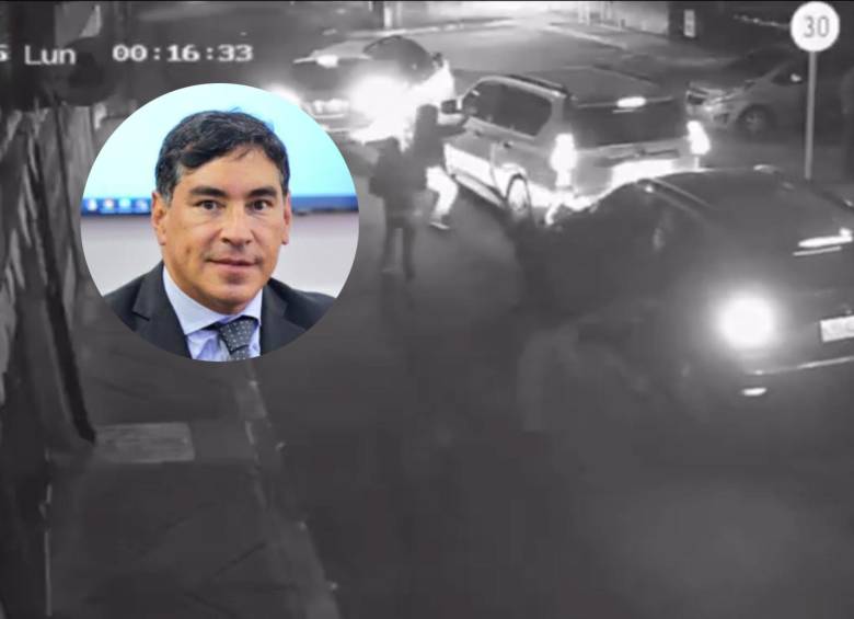 Las imágenes de seguridad muestran a varios hombres descendiendo de dos vehículos para intentar intentar robarle al magistrado y a sus acompañantes. FOTOS: REDES SOCIALES/X Y COLPRENSA