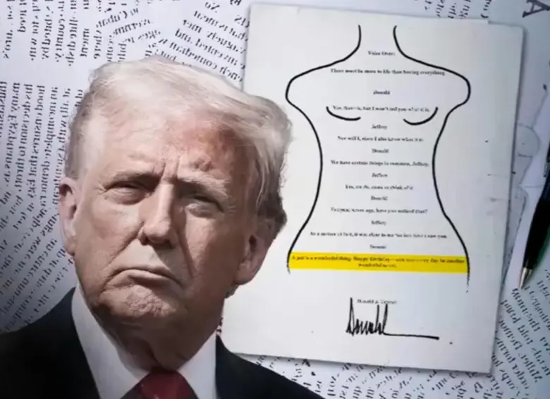 Trump negó haberle entregado una carta que aparece en un libro con felicitaciones por su cumpleaños 50 con el boceto del cuerpo de una mujer desnuda. FOTO: Captura de video y Getty