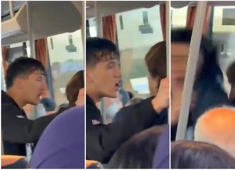 Momento en que otro hombre que iba en el bus confrontó al español que estaba insultando a la colombiana. FOTO: Captura tomada de video de redes sociales de @ColombiaOscura.