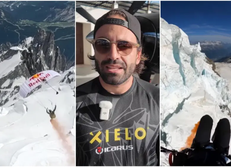 El paracaidista profesional colombiano que cuenta con varios récords, sumó otro a su lista de aventuras extremas, esta vez en el imponente Mont Blanc. FOTO: Redes sociales Nicolás Rubio @niko_xielo