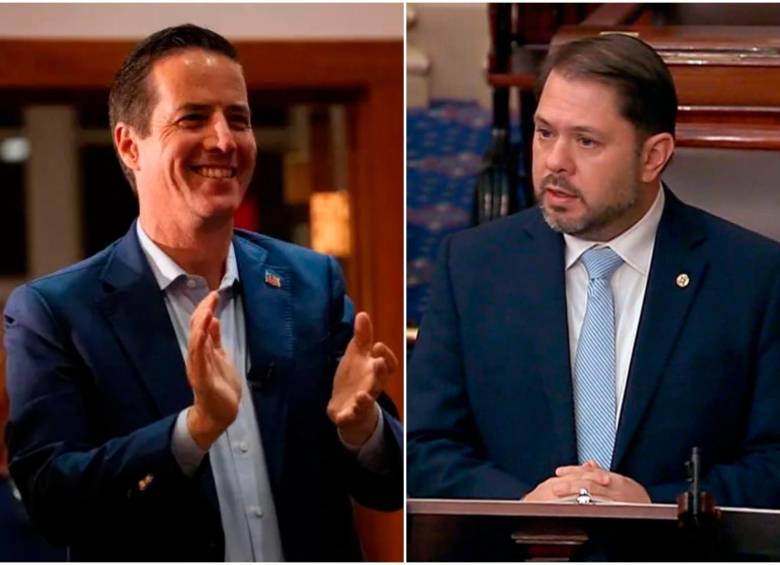 Los senadores estadounidenses de origen colombiano Bernie Moreno (republicano) y Rubén Gallego (demócrata). FOTOS: Tomadas de AFP y X @SenRubenGallego 